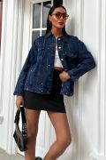 Yaka Siyah Garni Pul Payet Taşlı Oversize Denim Ceket 6125 resmi